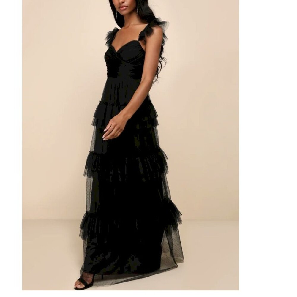 Pure Radiance Black Mesh Swiss Dot Tiered Maxi Dress by Lulus Size 1X New NWT - Picture 4 of 9